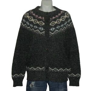 Idioms Sweater Vintage 90's Wool Blend Cardigan Fair Isle Ski Gray Pink Cottage